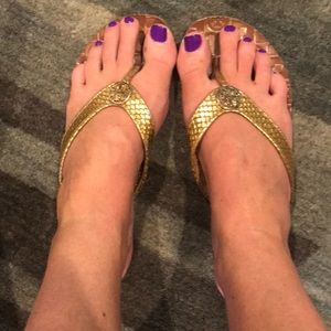 Tory Burch gold crocodile leather flip flops